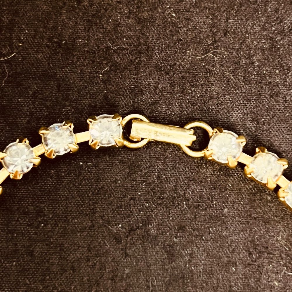 Vintage Gold Tone Blue And Clear Rhinestone Floral Tennis Bracelet (3800) - Picture 4 of 9